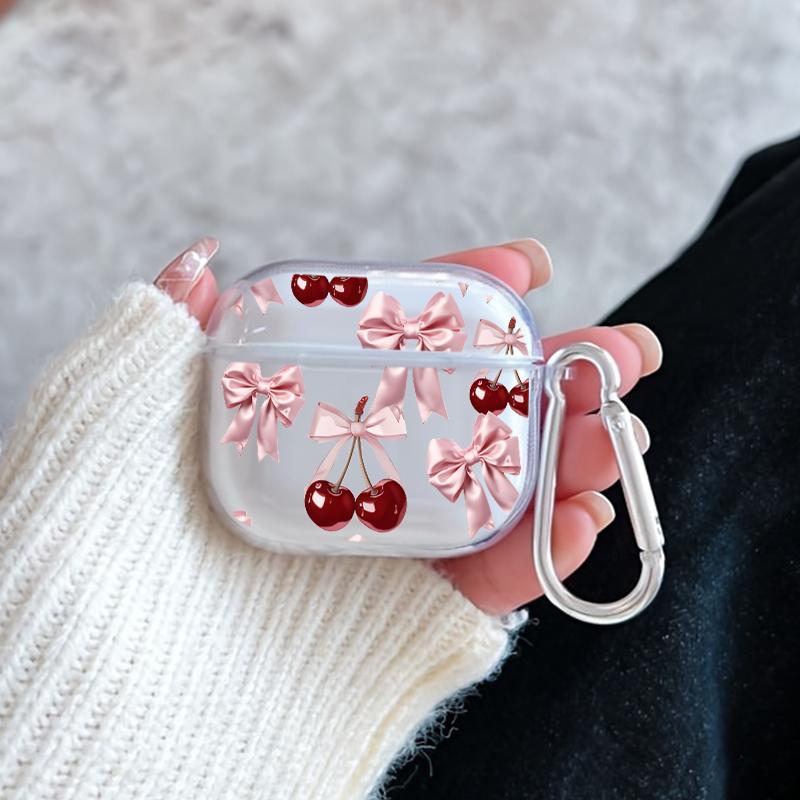 Cherry Bows Pattern TPU Soft Protective Case for Apple AirPods 4/3/2/1/Pro/Pro2 Transparent Earphone Cover with Keychain Attachment