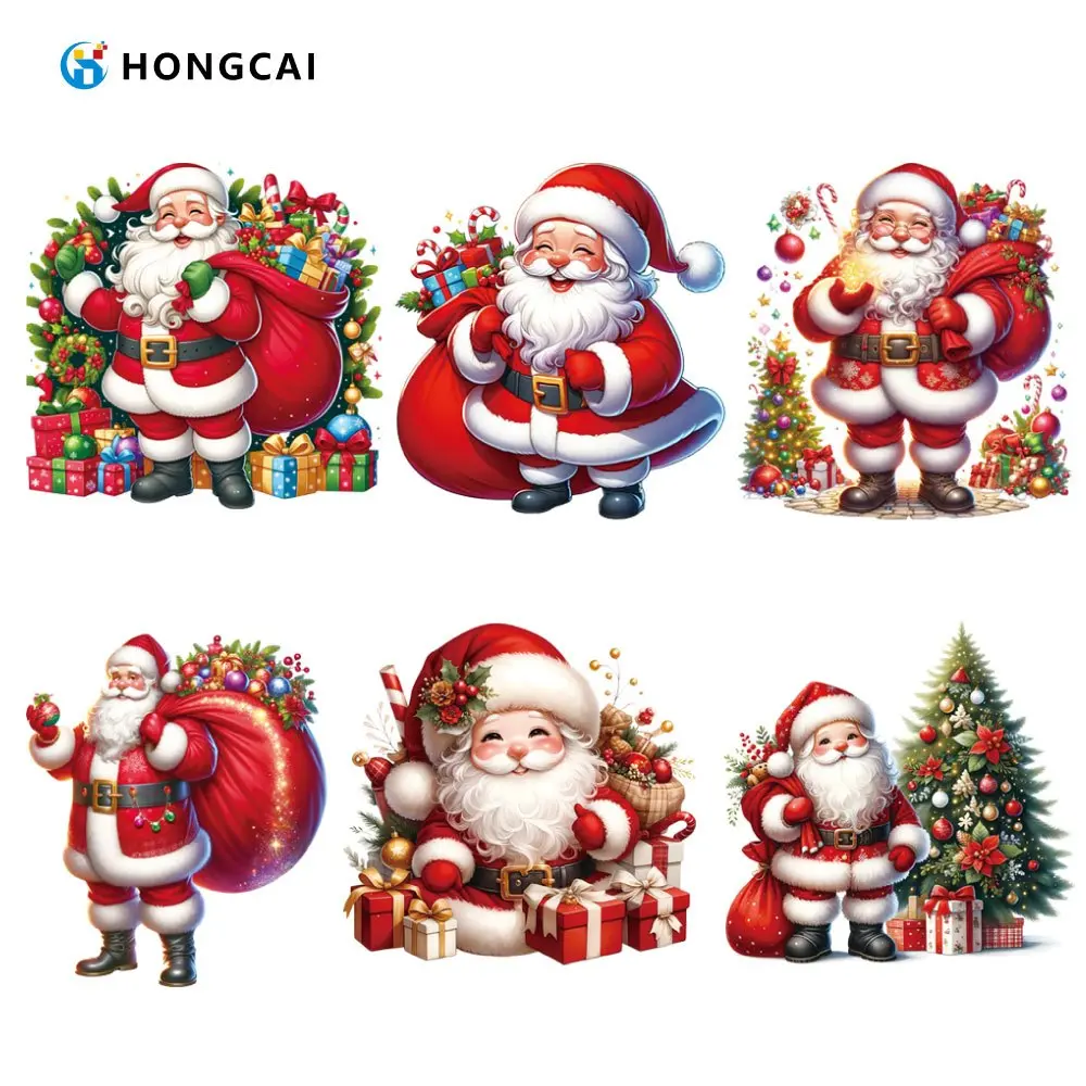 6pcs Heat transfer patches featuring Santa Claus and Christmas tree designs, decorated with gift boxes and fairy lights. These flexible DIY clothing appliques are ideal for festive decoration.