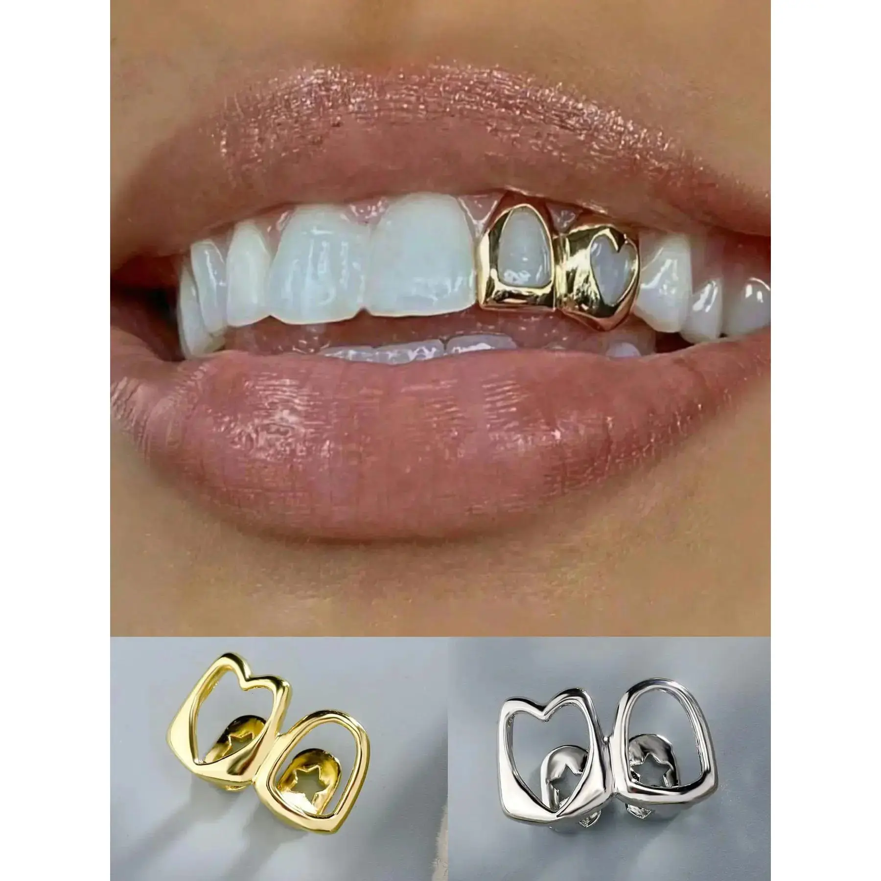 2pcs Heart Shaped Dental Braces, Rhodium Plated Hollow Tooth Charms, Unisex Hip Hop Fashion Accessories