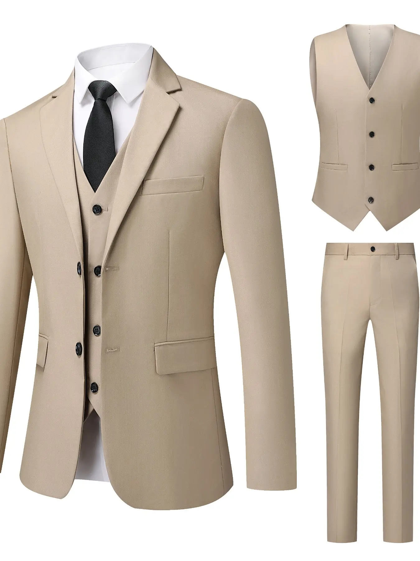 Men's Business Casual Formal 3-Piece Suit Set, Slim Fit Professional Groom Wedding Office Jacket, Pants and Vest, Back Split Design