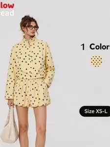 French Polka Dot Stand Collar Two-Piece Set, Side Drawstring Waist Short Top + High-Waist Casual Shorts, Women's Slimming
