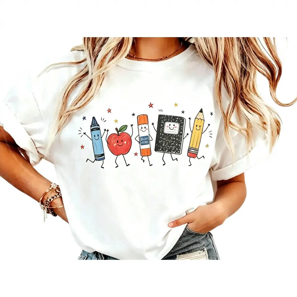 Back-to-school shirts 100% pure Soft Cute School Supplies Comfortable shirt Graphic Tee, Aesthetic Back To School Spirit Shirt, Radiant Teacher Crayon Apple Pencil Notebook Top, Thoughtful Classroom Sublimation Gift Boutique Heritage Apparel summerwins