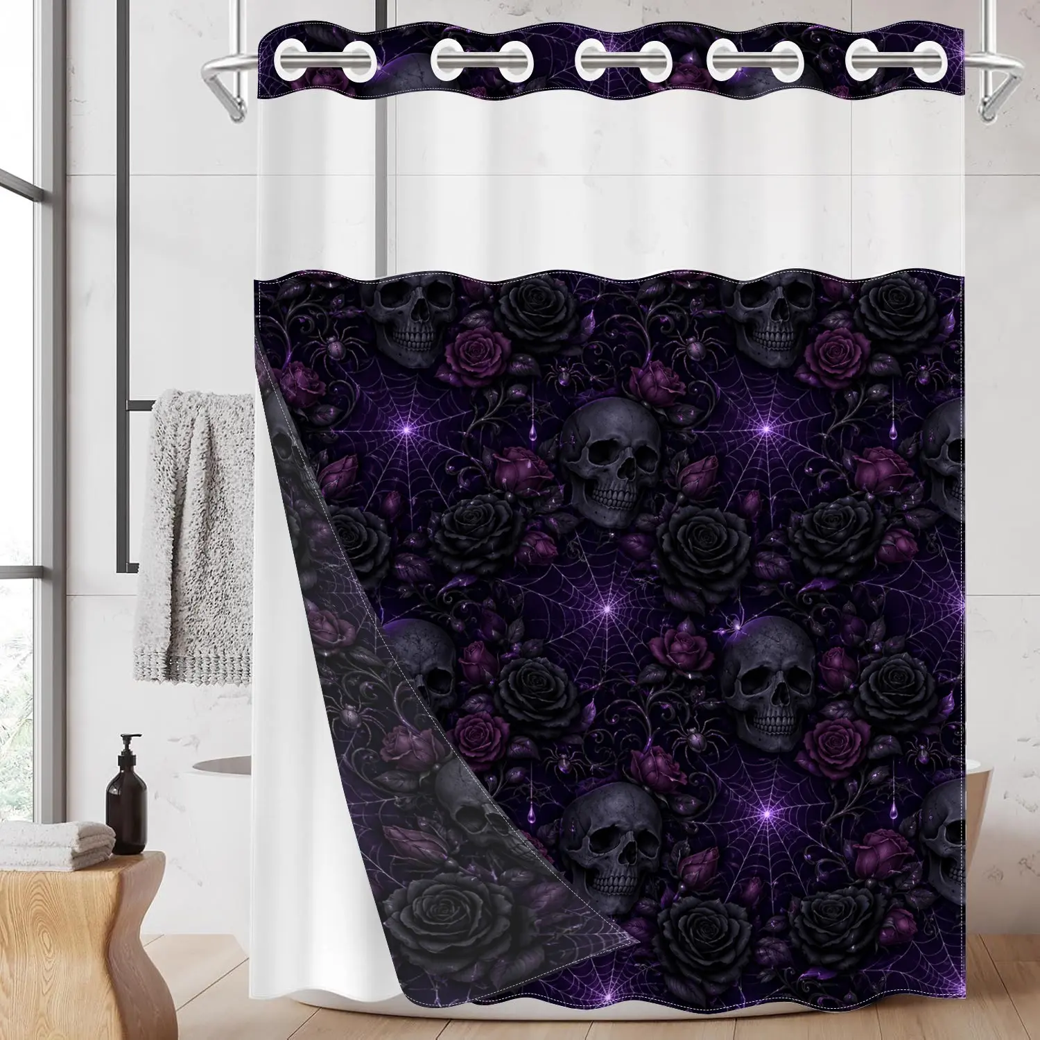 1 Pack Hookless Double Layer Decorative Shower Curtain Set, Dark Skull Purple Rose Spider Web Halloween Day of the Dead Gothic Style, Snap-in Liner, Mesh Top Window, Waterproof Washable Bathroom Decor
