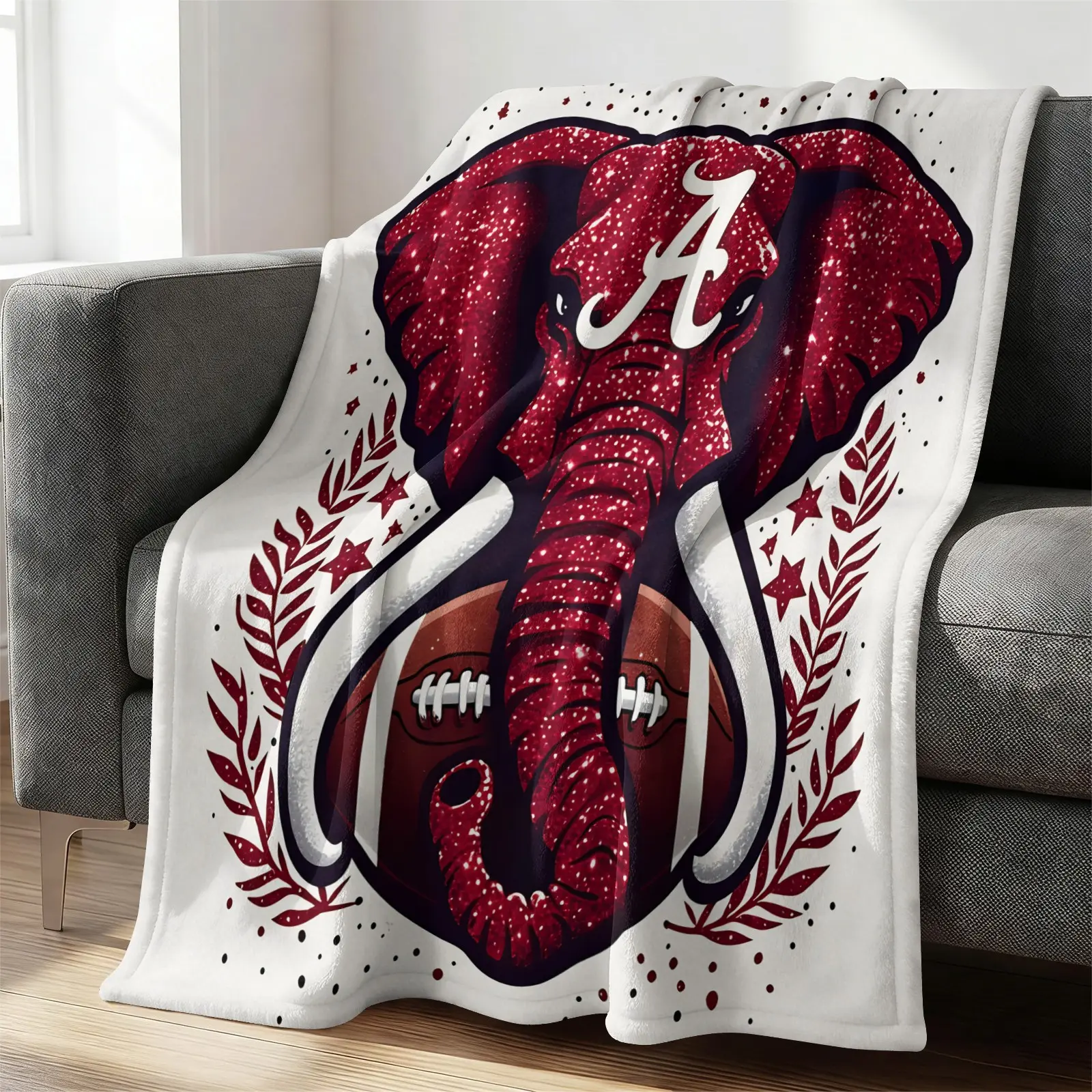 Sports Team Inspired Elephant & Football Throw Blanket, Maroon White Game Day Fleece Blanket, Soft Warm Decorative Blanket for Bedroom Living Room, Football Fan Gift Blanket