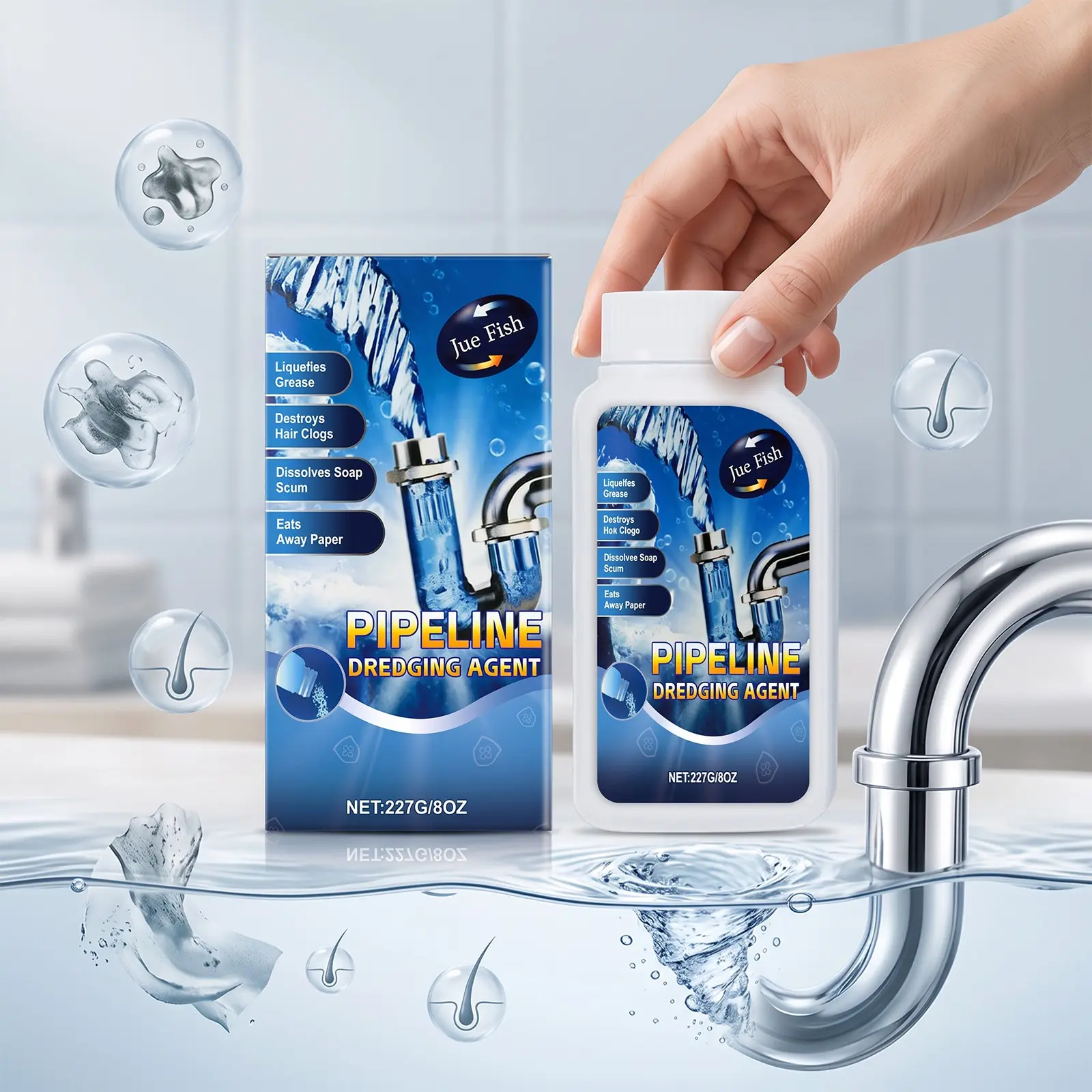 Jue Fish Drain Unblocker 227g Bottle, Dissolves Grease and Hair, Unclogs Kitchen and Bathroom Drains, Effective Plumbing Solution