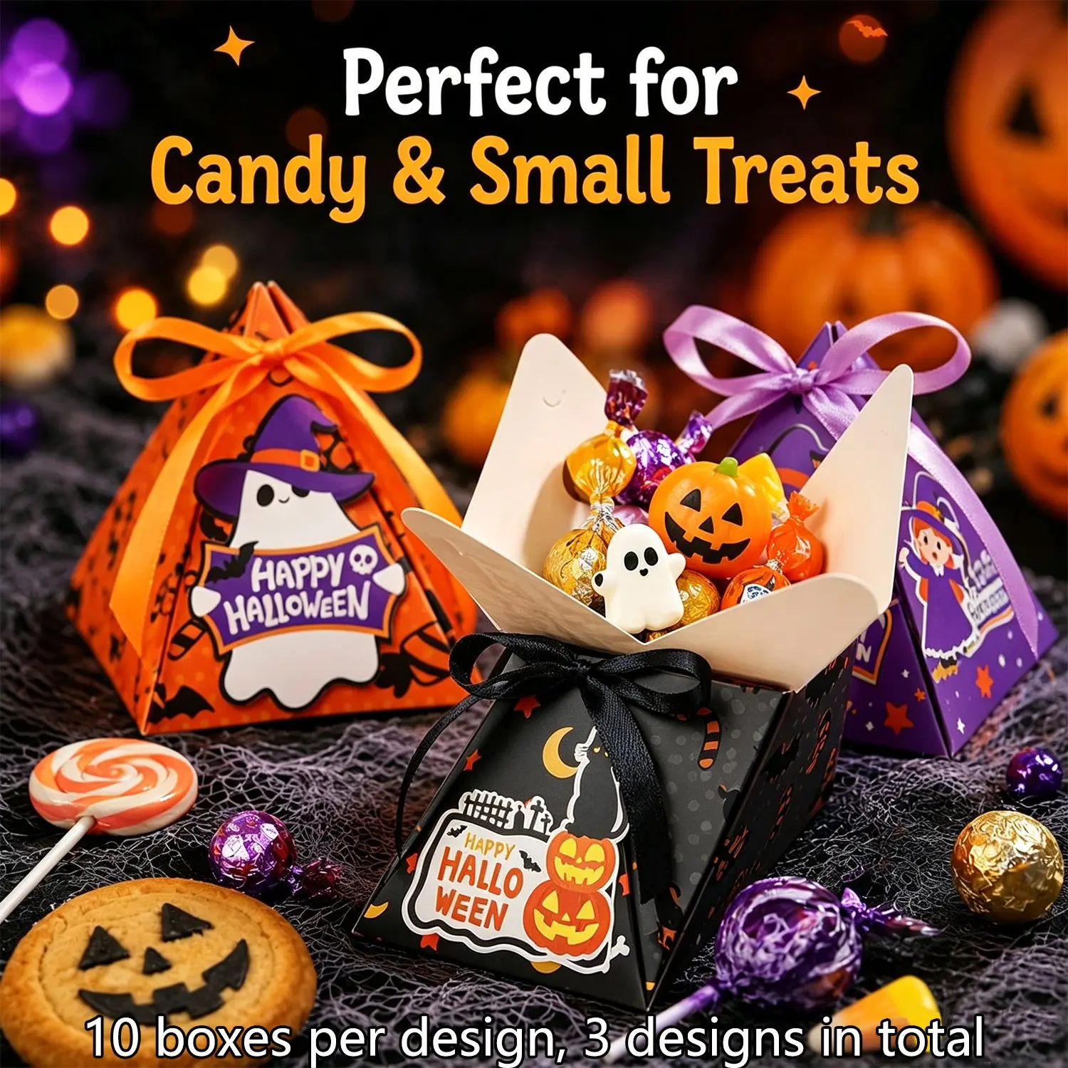 30 Halloween Candy Boxes, Triangular Pyramid Ribbon Gift Box, Cute Ghost Pumpkin Witch Cat Design, Kids Trick-Or-Treat, Classroom Party Decor