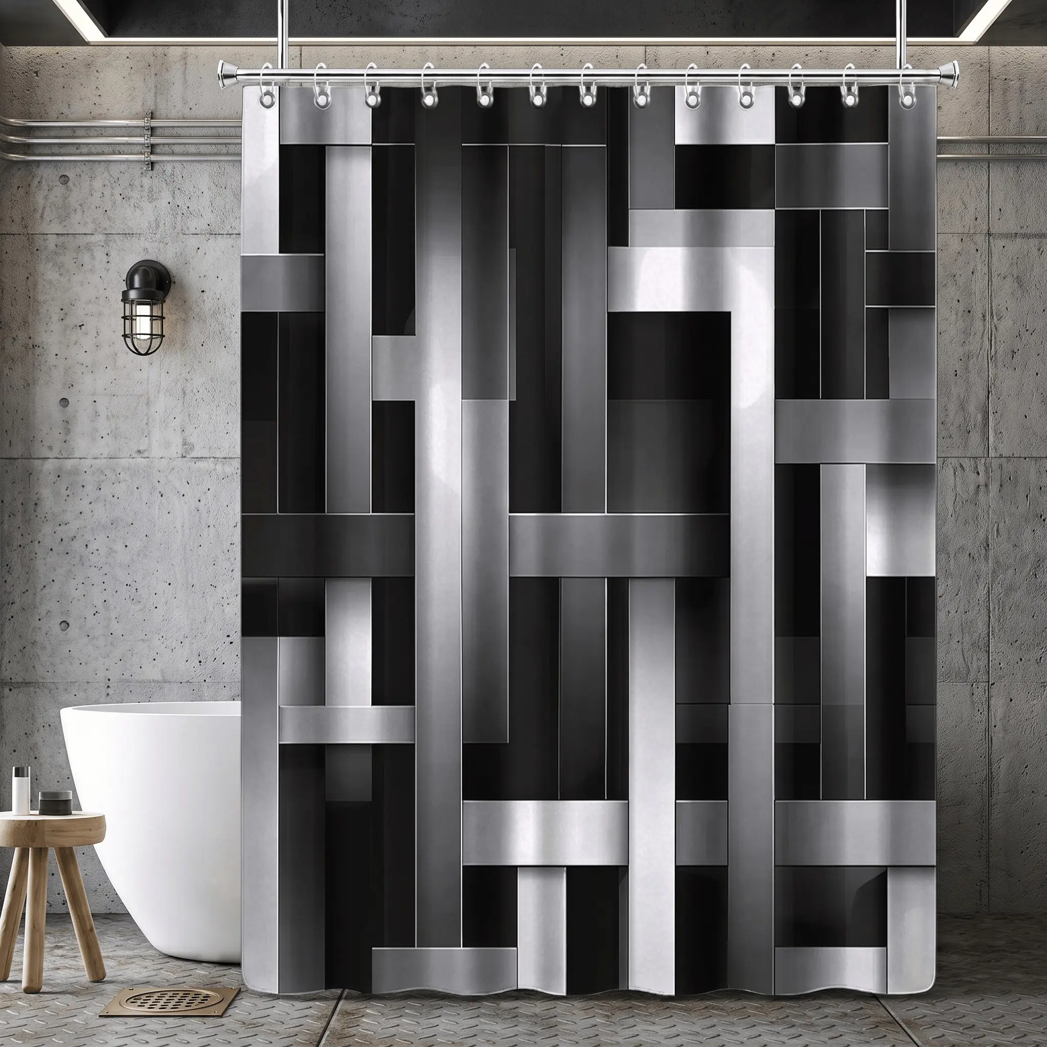 1pcs Contemporary Metallic Silver Color and Shower Curtain, Abstract Geometric Stripe, Luxury Bathroom Decor, Washable, Gift Idea