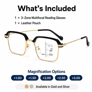 Photochromic Multifocal Reading Glasses, 3-Zone Lens Design Blue Light Blocking Progressive Readers for Men Women UV Protection Black Gold Frame, Semi-Rimless Black Gold Frame for Work Travel & Everyday Use, Available +1.00 to +3.00