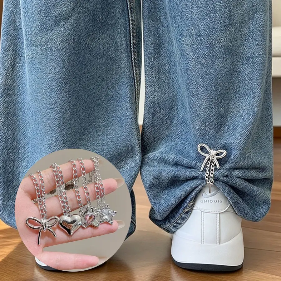 4pcs Adjustable Pant Leg Clips with Chain Decor, Anti-Slip Seamlessly Secure Pants, Easy Rolling Cuff Holder, Trendy Accessory, Fashionable