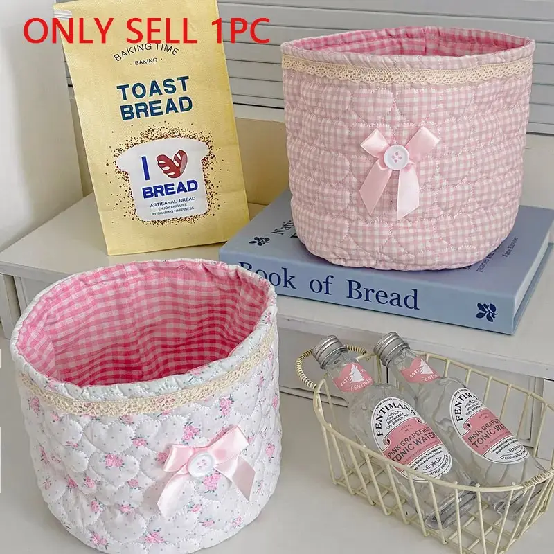 Round storage basket with bow heart patchwork design, plaid lining fabric storage basket, girly desktop organizer
