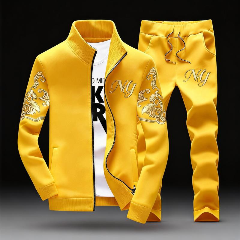 Stylish Men's Embroidery Stand Collar Tracksuit - Full Zip 2-Piece Casual Sportswear for Daily Leisure & Casual Outfits