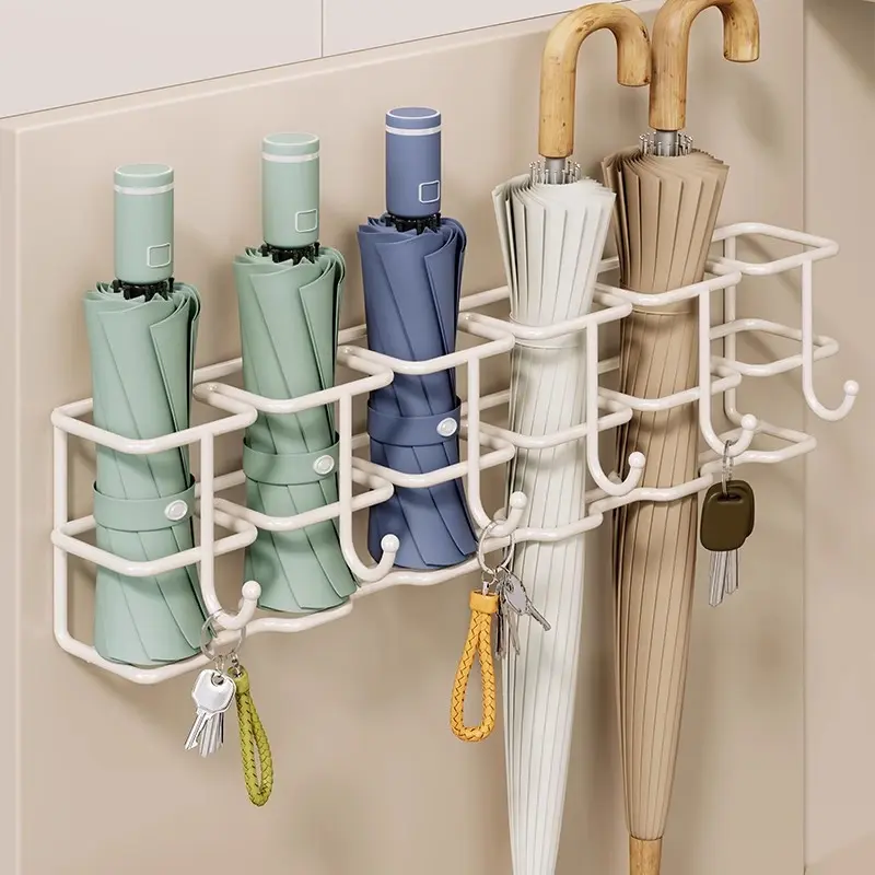 Wall Mount Multi-slot Umbrella Storage Rack, Solves Scattered Umbrellas & Wet Floor Troubles, Ideal for Entryway Shop Wall, No Drill Integrated Iron with Key Hooks, Household Door Umbrella Drip Holder