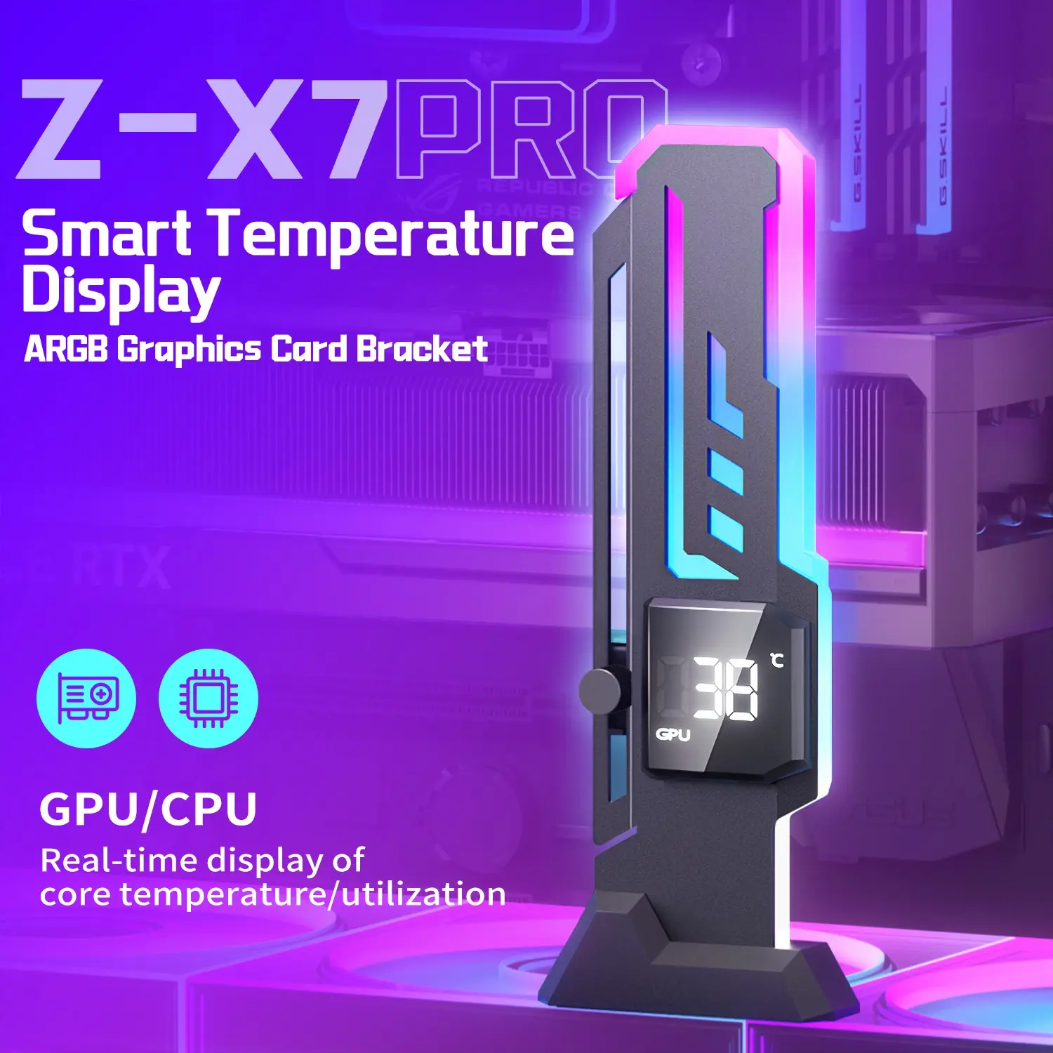 Z-X7 Pro Gpu Stand, Graphics Card, Adjustable Height, Argb Sync, Magnetic Base, Tool-Free Installation, Real-Time Monitoring, DIY PC Build