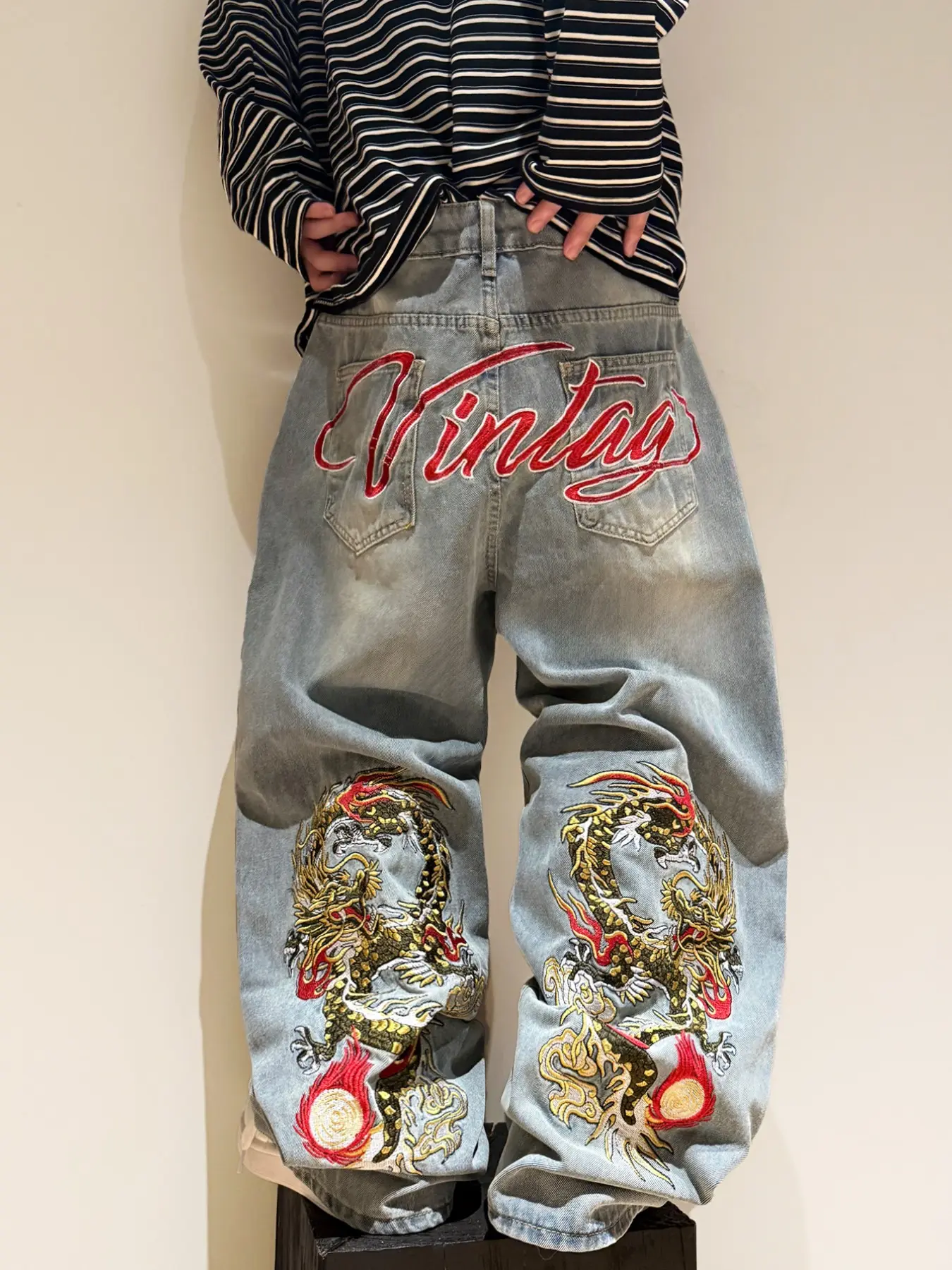 Men's Blue Embroidered Vintage Jeans, Street Style Gold Dragon Patch Loose Fit, Daily Wear, Multiple Sizes Available, No Belt Included