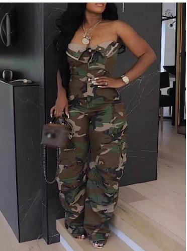 Women's Sexy Off Shoulder Tube Denim Cargo Jumpsuits Wide Leg Baggy Loose Jean Pants Rompers Overalls, green jumpsuit, suitable for clubs, parties, plus size women's clothing 5XL