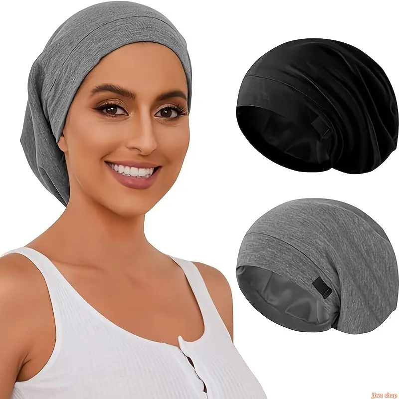 2026 New 2 Pack Adjustable Satin Lined Sleep Cap for Women with Soft Hair Scrunchie Band Night Hat, Silk Bonnet Hair Wrap for Curly Straight Natural Hair, Anti Frizz Breakage Protection Sleeping Head Cover UK Design homedecor