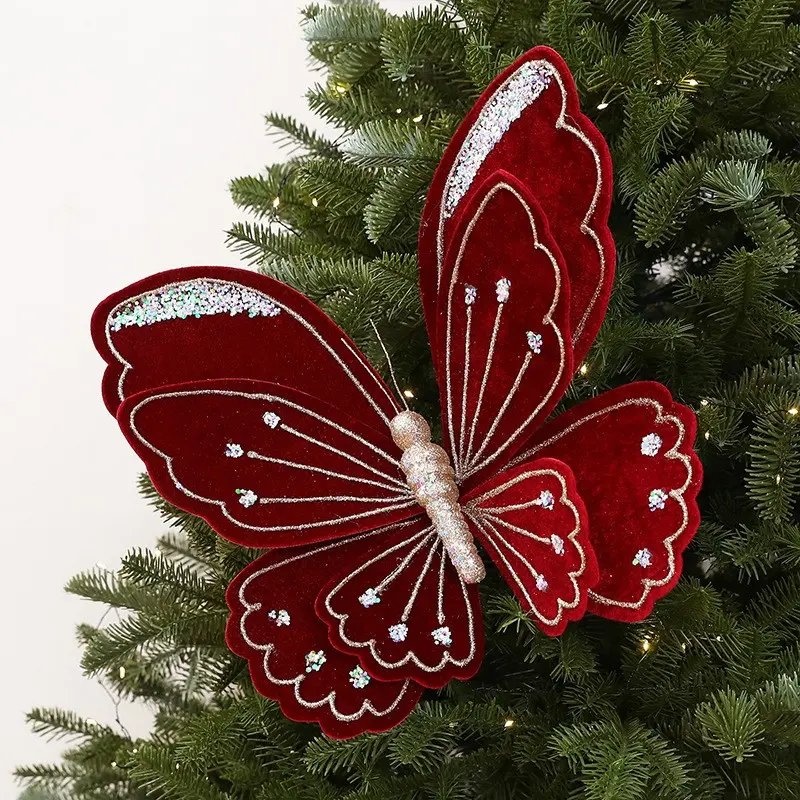 New Velvet Painted Butterfly Christmas Tree Decoration, Realistic Fabric Butterfly Holiday Ornament, Festive Christmas Decorations