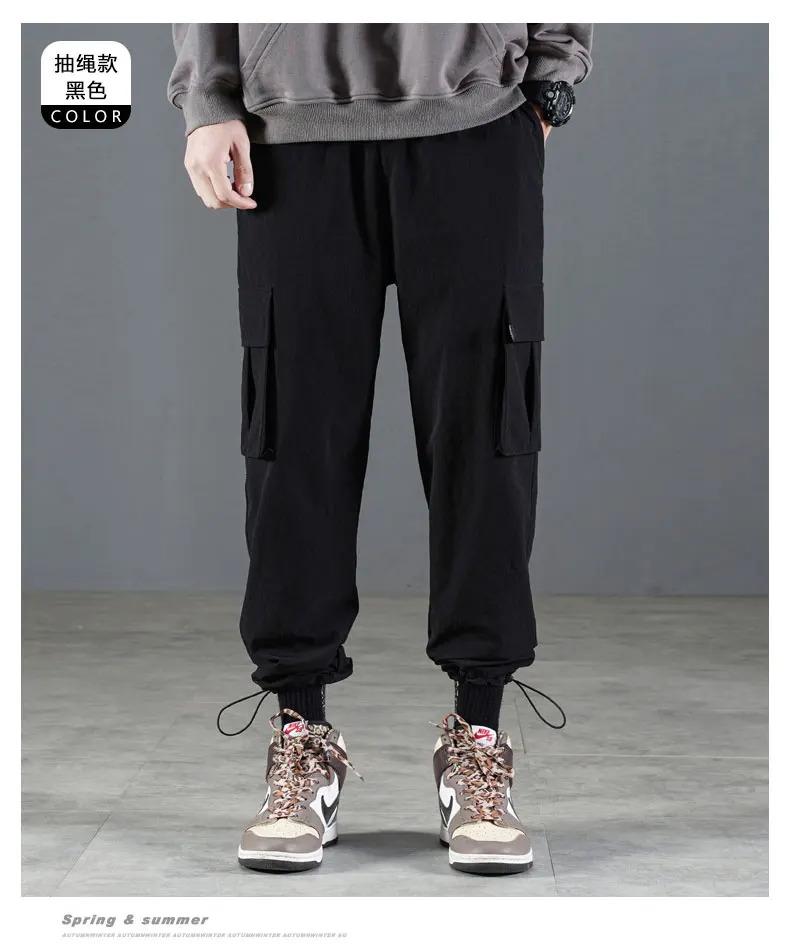 Casual work pants men's spring and autumn Japanese style Hong Kong style straight leg men's pants with multiple pockets, trendy black men's fashion brand ins loose paratrooper casual pants, thick American logging ankle pants