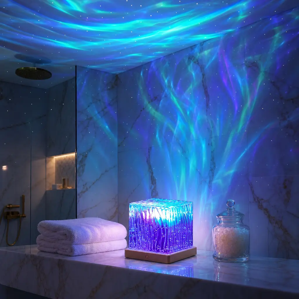 16 RGB Colors Magical Aurora Cube Mood Lamp with Remote Control, USB-C, 360° Ambient Lighting, Dynamic Wave-Ocean Water Ripple Effect - Kids Room/Gamer Room Decor, Calming LED Spa Bathroom Ambient Light for Self Care