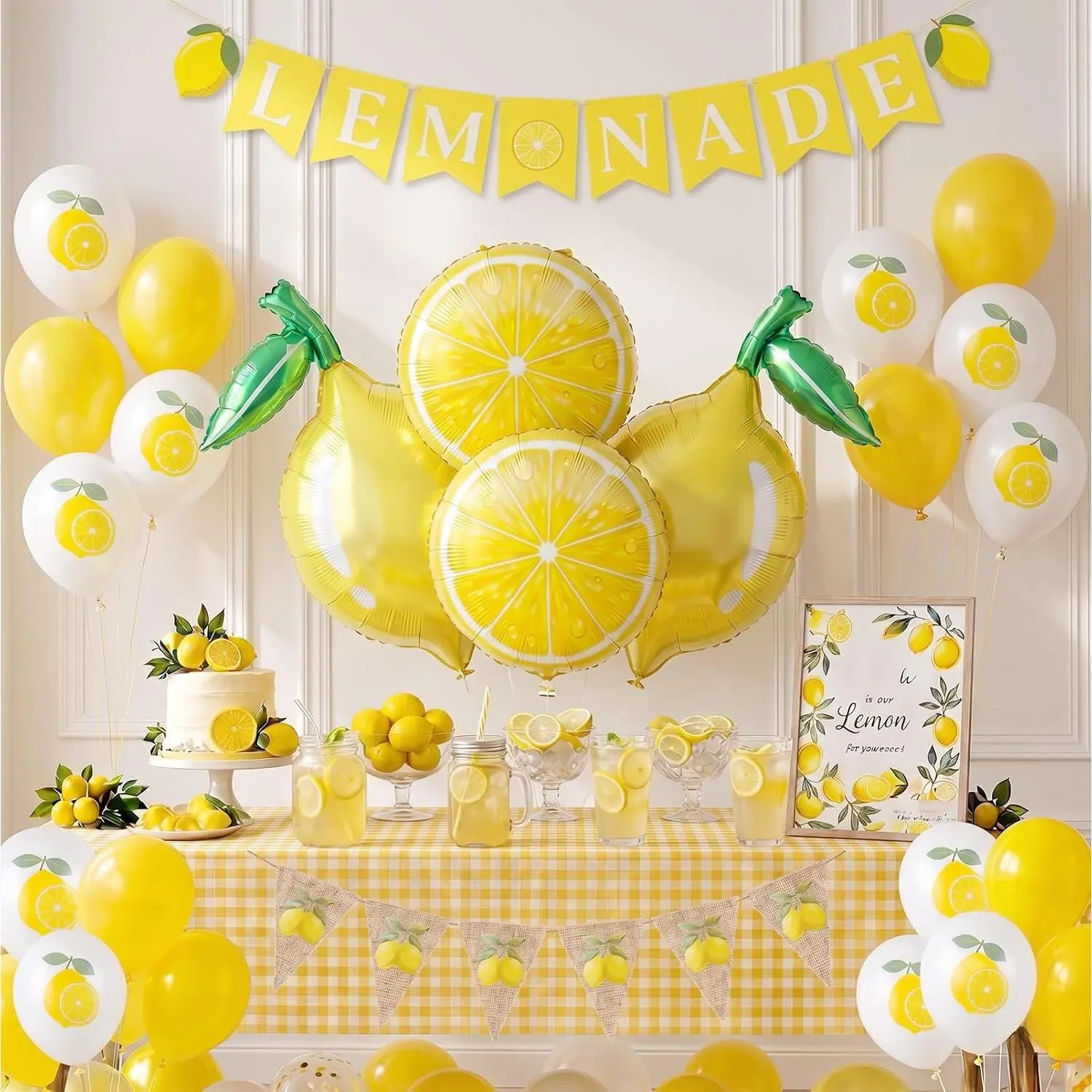 Lemon foil Balloons Lemon Banner Summer lemonade with leaves Balloons lemonade stand supplies for Fruit theme birthday decorations she found her main Shower Sweet Lemonade Centerpiece