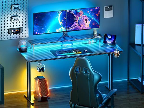 Ecofurnix,LED light game table & power socket, computer gaming desks & monitor stand, ergonomic carbon fiber game table, home office desk with cup holder, headphone hook and mouse pad, simple assembly