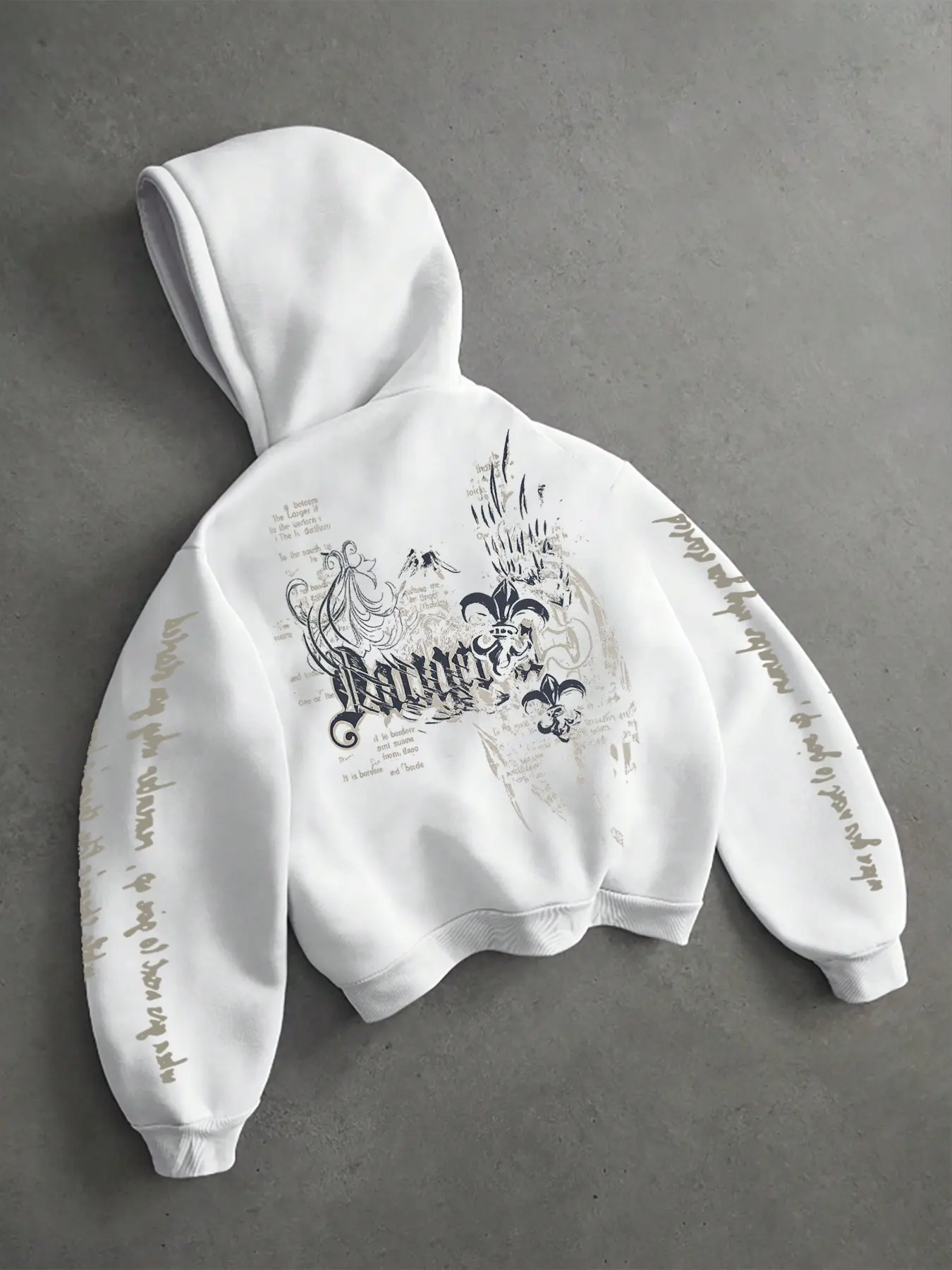 Y2K Streetwear Mens White Graphic Hoodie Oversized Dropped Shoulder Pullover Sweatshirt Black Vintage Scroll Print Old English Typography Side Sleeve Text Loose Boxy Fit Casual Jacket for Hip Hop Style Skateboarding Street Photoshoot Winter Layering Schoo