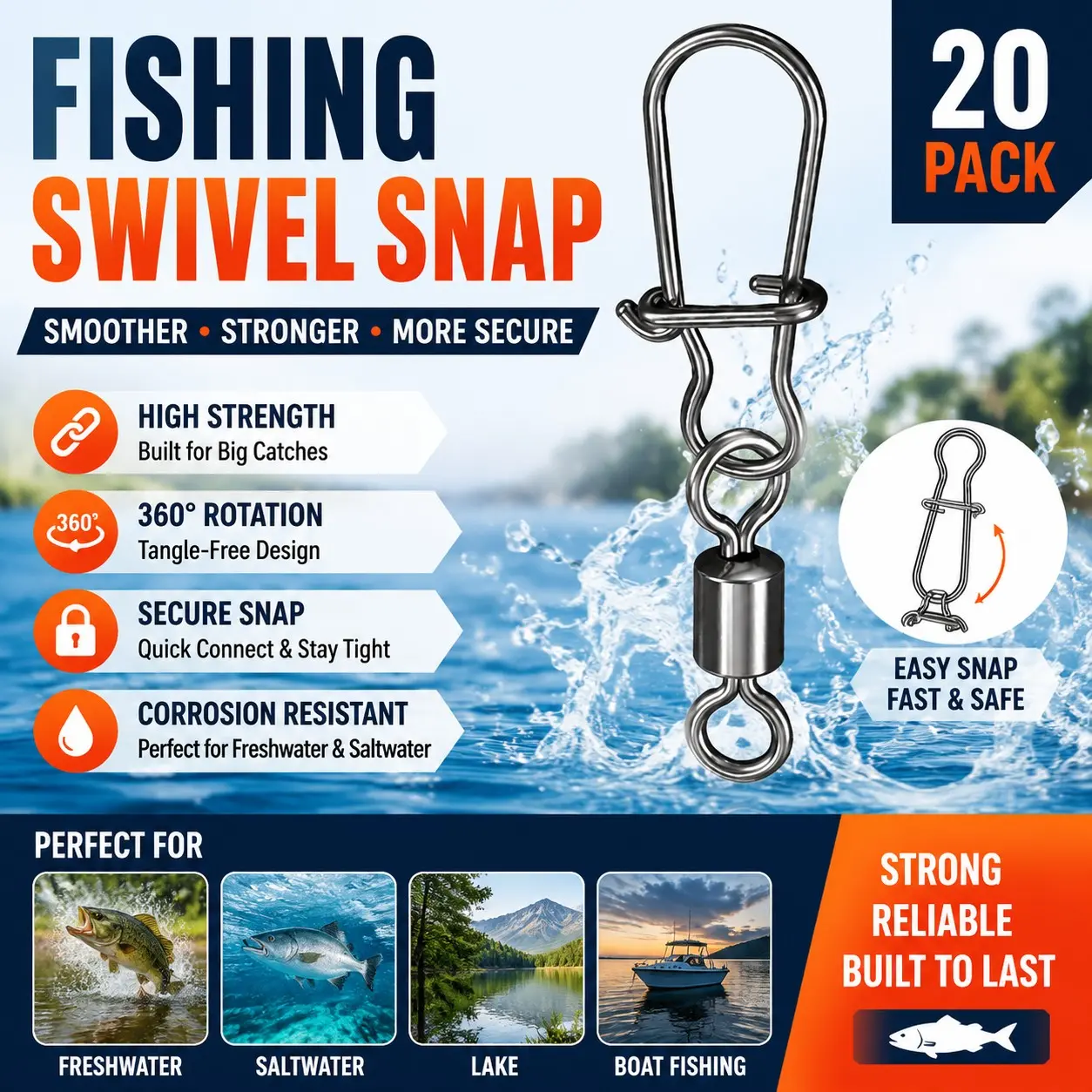 Fishing bucket rotary joint with safety snap, stainless steel quick-change fishing bait connector, heavy-duty fishing snap rotary joint, suitable for saltwater and freshwater fishing bait hooks - 60-piece set