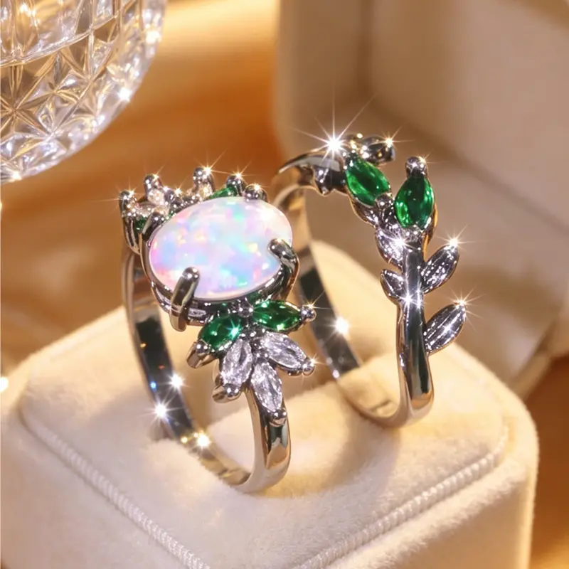 Female 2-Piece Ring Stack - Oval Center Stone Leaf Motif Matching Stone Rings, Open Cuff Adjustable Statement Design, Vintage Elegant Valentine's Day Holiday Party Gift
