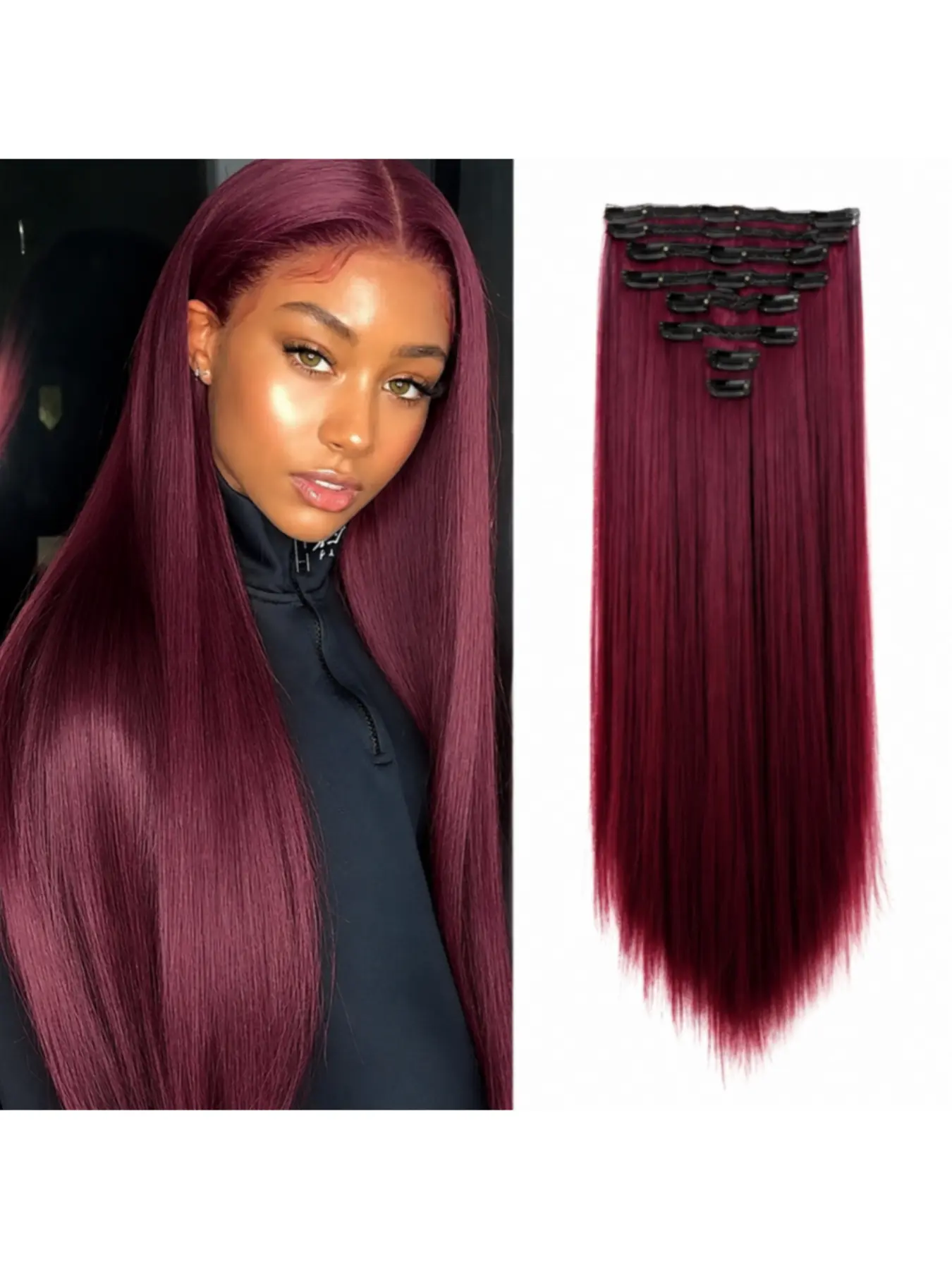 Clip In Human Hair Extensions 14 to 26 Inch 99J Burgundy Soft Straight Hair Extensions Natural Looking Hairpiece for Women Easy Clip On Added Length Volume Fashion Hairstyle Daily Wear Party Wedding