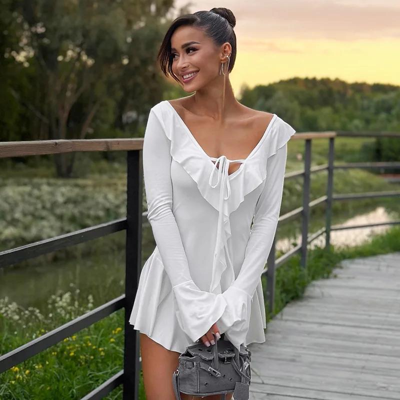 Ruffled Lace-Up White Mini Dress Women's V-Neck Patchwork Long Sleeve Sexy Slim Dress Bandage Elegant Female Summer Dress Casual Womenswear