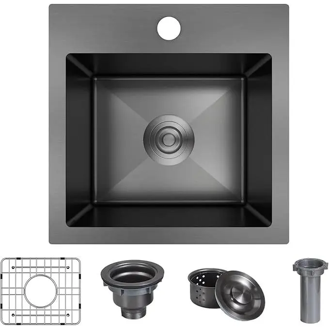15 x 15 x 9 Inch Black Drop In Bar Prep Sink, 18 Gauge Stainless Steel Single Bowl Topmount Small Kitchen Sink, Luxury Black Sink for Prep Kitchen, Includes Bottom Grid & Basket Strainer