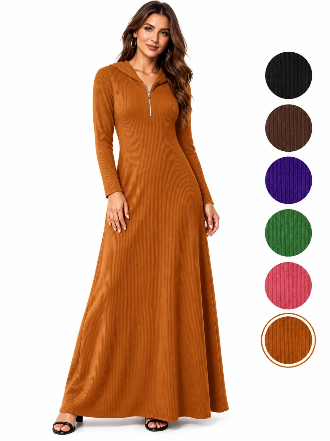 Women's Fall Winter Solid Color High Neck Knit Dress, Elegant Fitted Long Sleeve Half-Zip Dress, Casual Daily Wear Knit Robe Ribbed Knit Hooded Maxi Dress for Women Half Zip Long Sleeve Slim Fit Flare Hem Long Abaya Dress Casual Daily Fall Winter Dresses