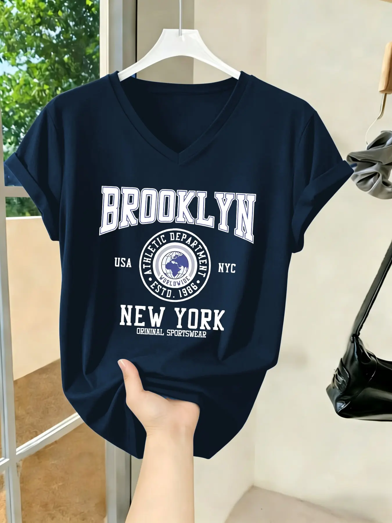 Women's Vintage College Street Style, Brooklyn Print, Versatile Casual Top, V-Neck Short Sleeve T-Shirt, Ladies Fashion