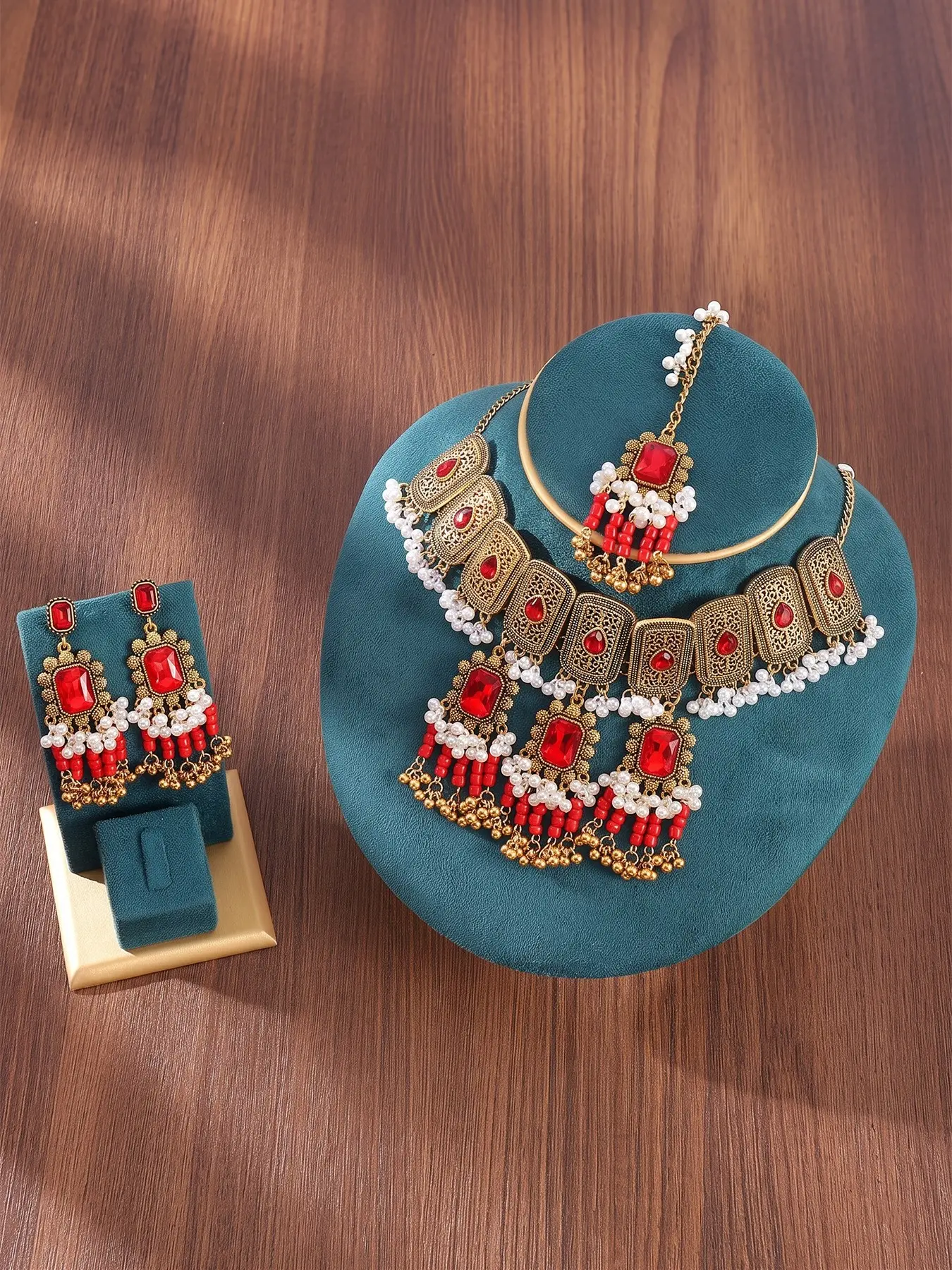 3Pcs Antique Gold Indian Jewelry Set for Women, Filigree Choker Necklace Ruby Red Crystal Drop Earrings Maang Tikka Headpiece Pack with Pearl Red Bead Tassels, Bollywood Bridal Festival Accessories