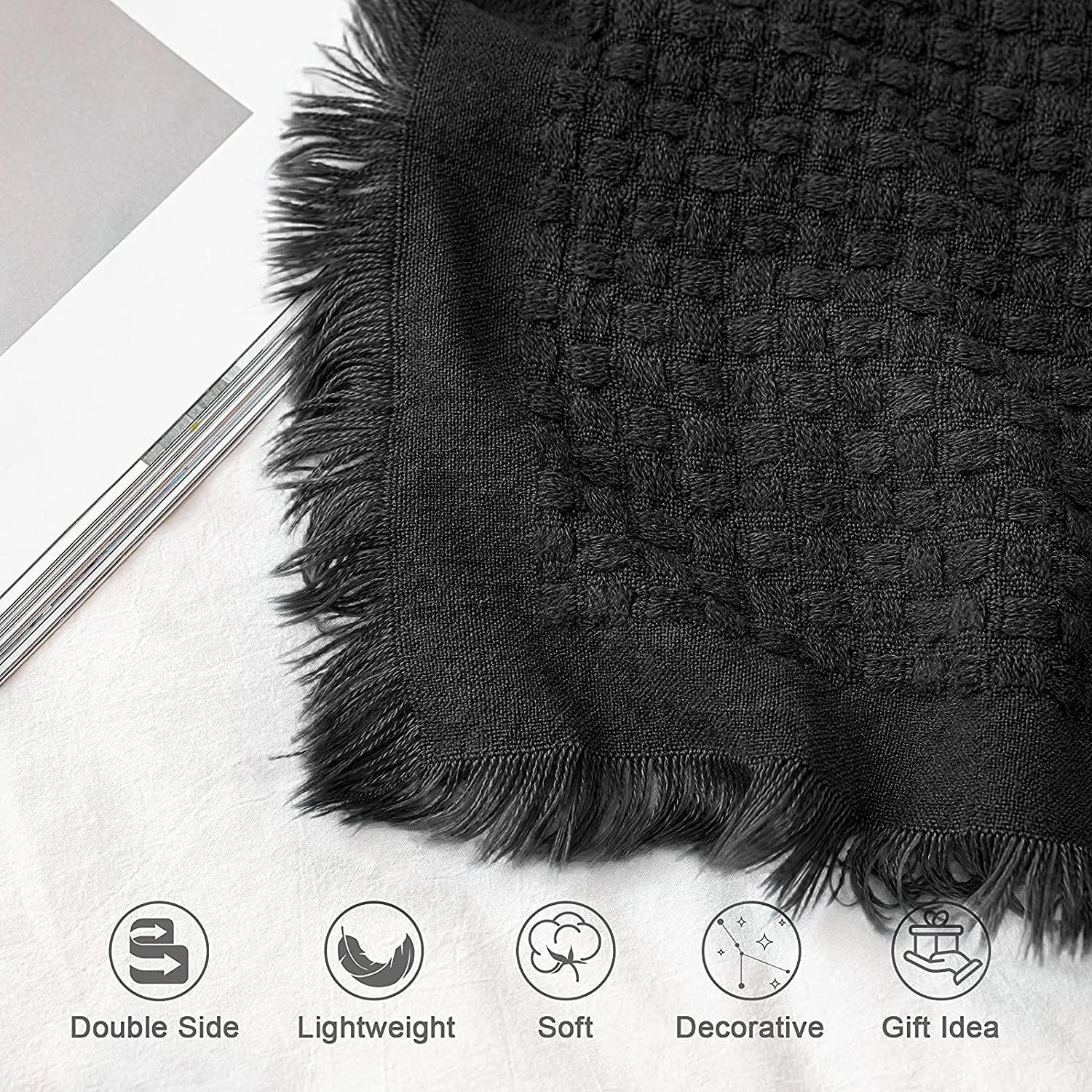 Fall Black Throw Blanket for Couch-Soft Boho Bed Throw Blankets,Cozy Knitted Waffle Throw,Small Farmhouse Lightweight Blanket&Throw for Autumn,Woman,Man,Chair,Sofa,Home Decor(Black,50 * 60")