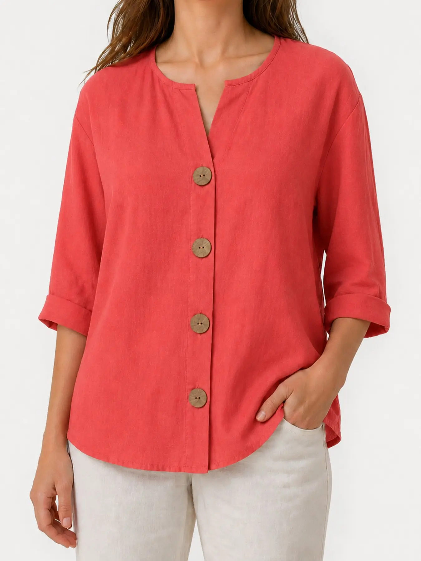 Women's Summer Loose-Fit Button-Down Blouse Shirts, Casual 3/4 Sleeve Top, Ideal for Daily Wear, Travel, Vacation, the Beach, and Bohemian Style