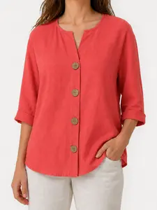Women's Summer Loose Fit Button Shirt Blouse, Casual 3/4 Sleeve Top, Perfect for Daily Wear, Travel, Vacation, Beach, Bohemian Style, Elegant