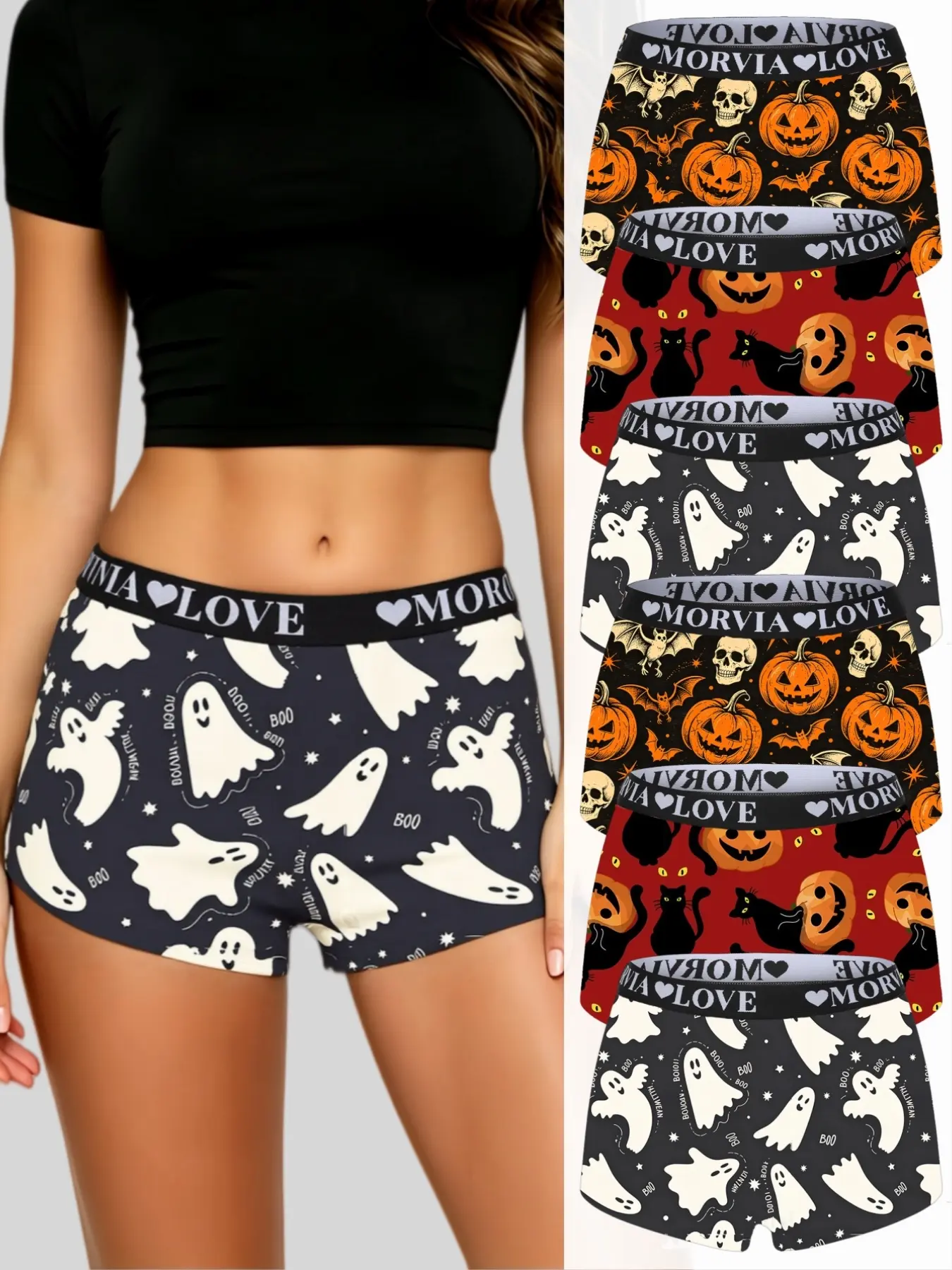 6-Pack Halloween Gothic Women Boxer Briefs, Soft Stretch Boyshort Underwear with Ghost, Pumpkin, Bat & Black Cat Cartoon Prints, Elastic MORVIA LOVE Heart Waistband & tiktok shop & fit inspo & tiktok shop deals & shein haul outfits & boxer & ootd & baddie