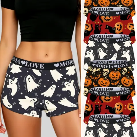 6‑Pack Halloween Gothic Women's Boxer Briefs, Soft Stretch Boyshort Underwear Print Panties with Ghost, Pumpkin, Bat Cartoon Prints, Elastic MORVIA LOVE Heart Waistband