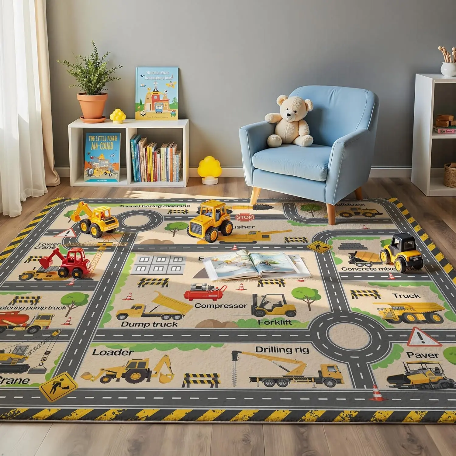 Construction Site Play Rug for Kids - Interactive Engineering Vehicles Faux Wool Carpet with Excavator & Digger Design, Non-Slip Educational Mat for Playroom, Bedroom Gifts (Boys & Girls)