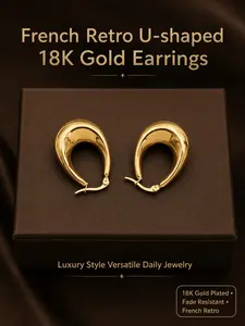 French Vintage Oval U-Shaped Hoop Earrings, Stainless Steel Plated with 18k, Elegant Lightweight Jewelry for All Occasions