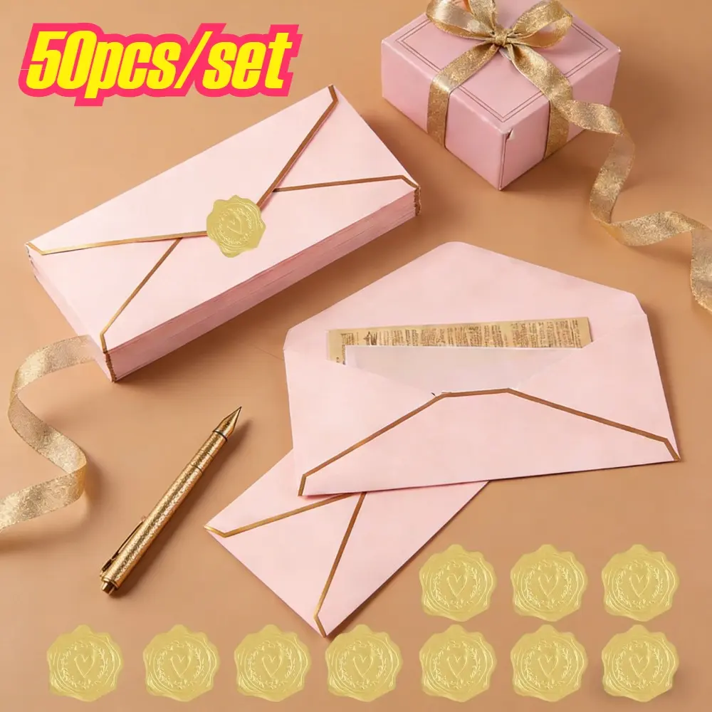 50-piece Premium Valentine's Day Gold Foil Paper Envelope & Seal Sticker Set - Pink/Beige/Red, Suitable for Weddings/Valentine's Day/Christmas/Birthday Parties, Perfect for Offices, Schools, and Homes Envelope Seals (25 Envelopes + 25 Seal Stickers)