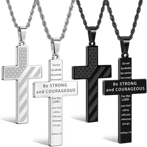 Romass Graduation Gifts 2Pcs Cross Necklace for Men Boys, Bible Verse Stainless Steel Silver Black American Flag Chains for Men Pendant Jewelry Box