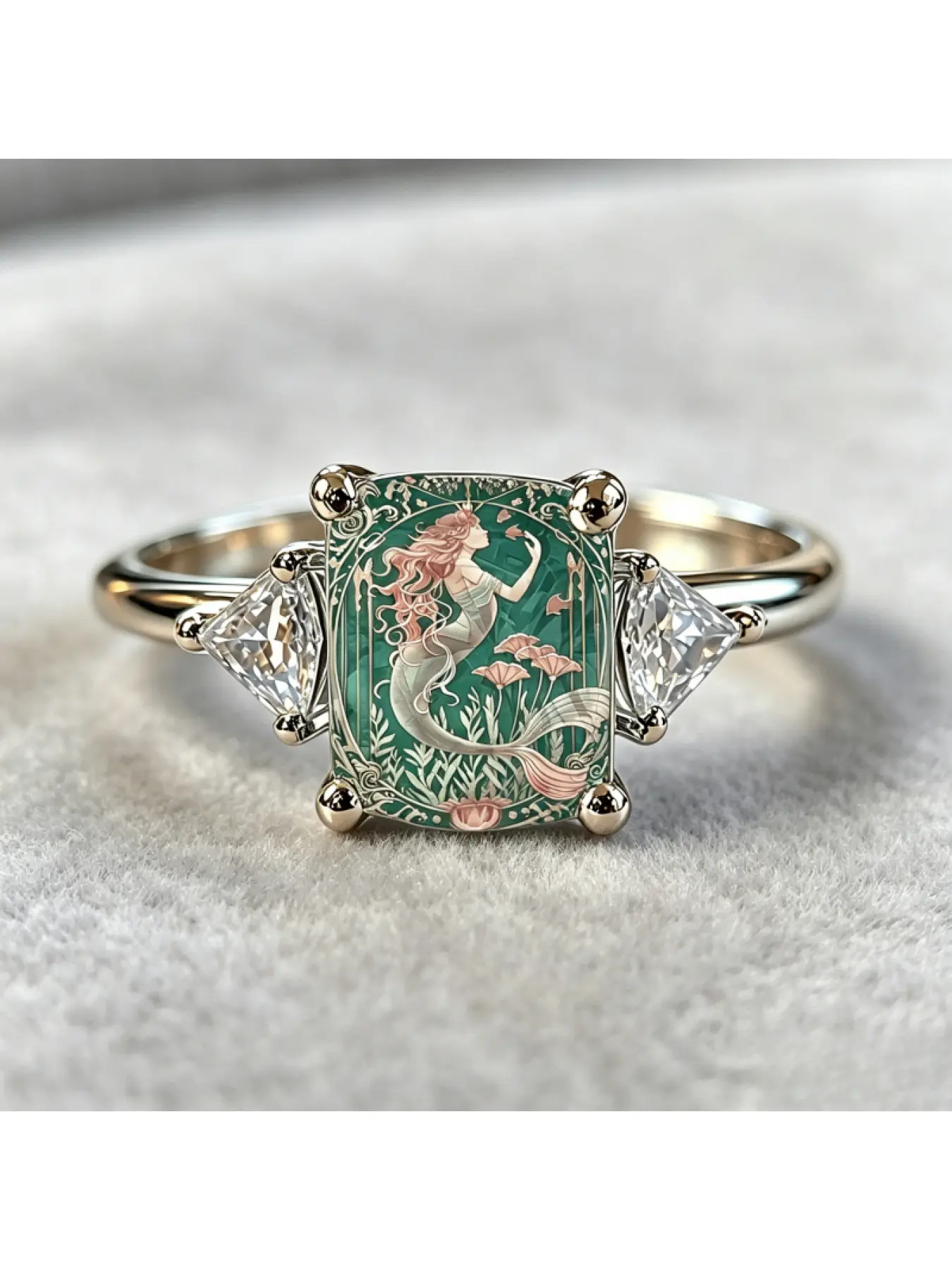Art Nouveau Style Mermaid And Floral Square Printed Fashion Ring, Retro Forest Dreamy Exquisite Jewelry For Daily Outfit Matching, Ideal Romantic Keepsake Gift For Girlfriends, Literary Enthusiasts And Elegant Ladies On Summer Anniversary And Women's Birt