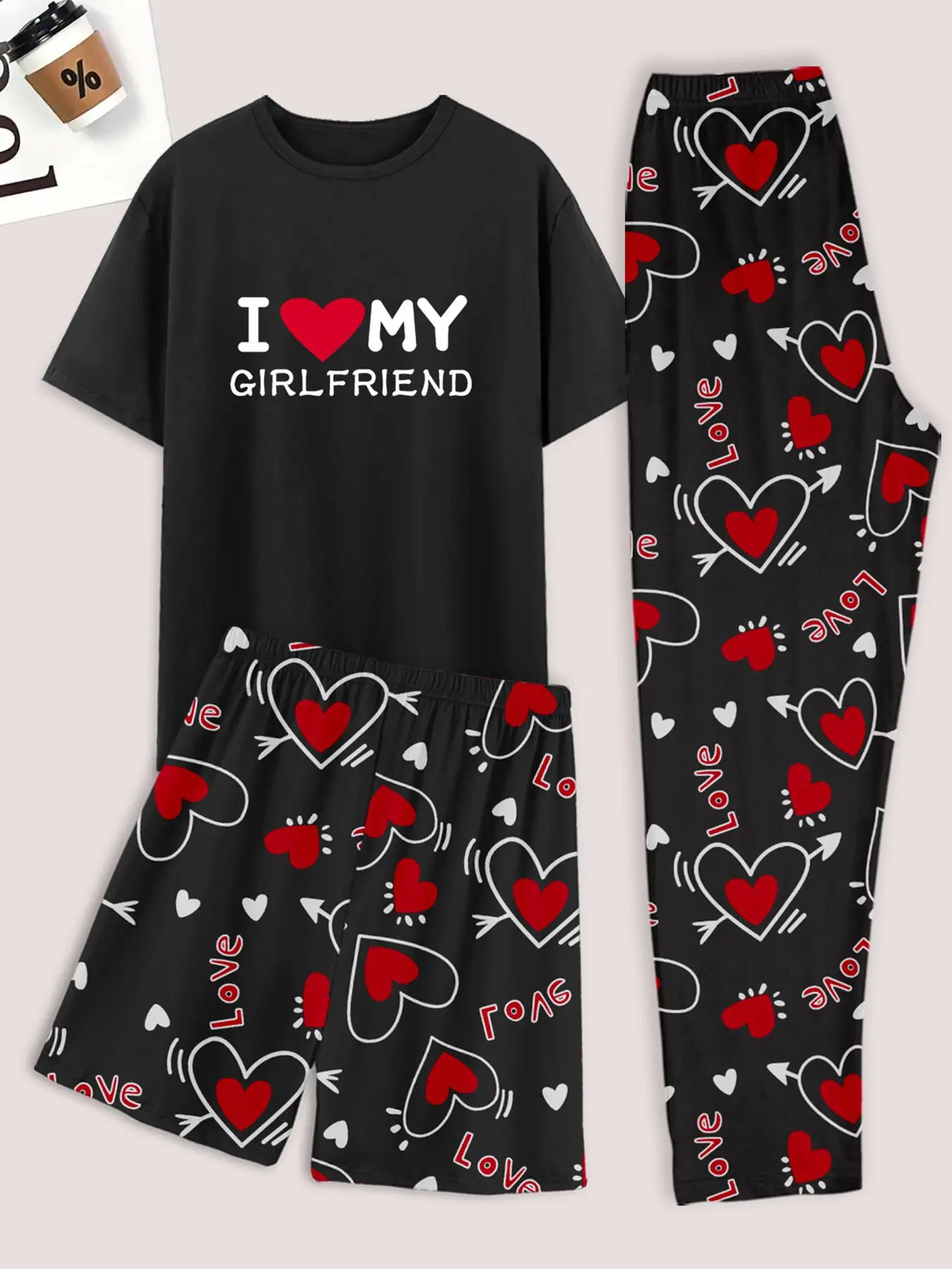 Men's Casual Loungewear Sleepwear Pyjama Sets Pajamas Knit 3 Piece Set with Heart Print Shorts, T-Shirt with 'i Love My Girlfriend' Design, Comfy Home Apparel