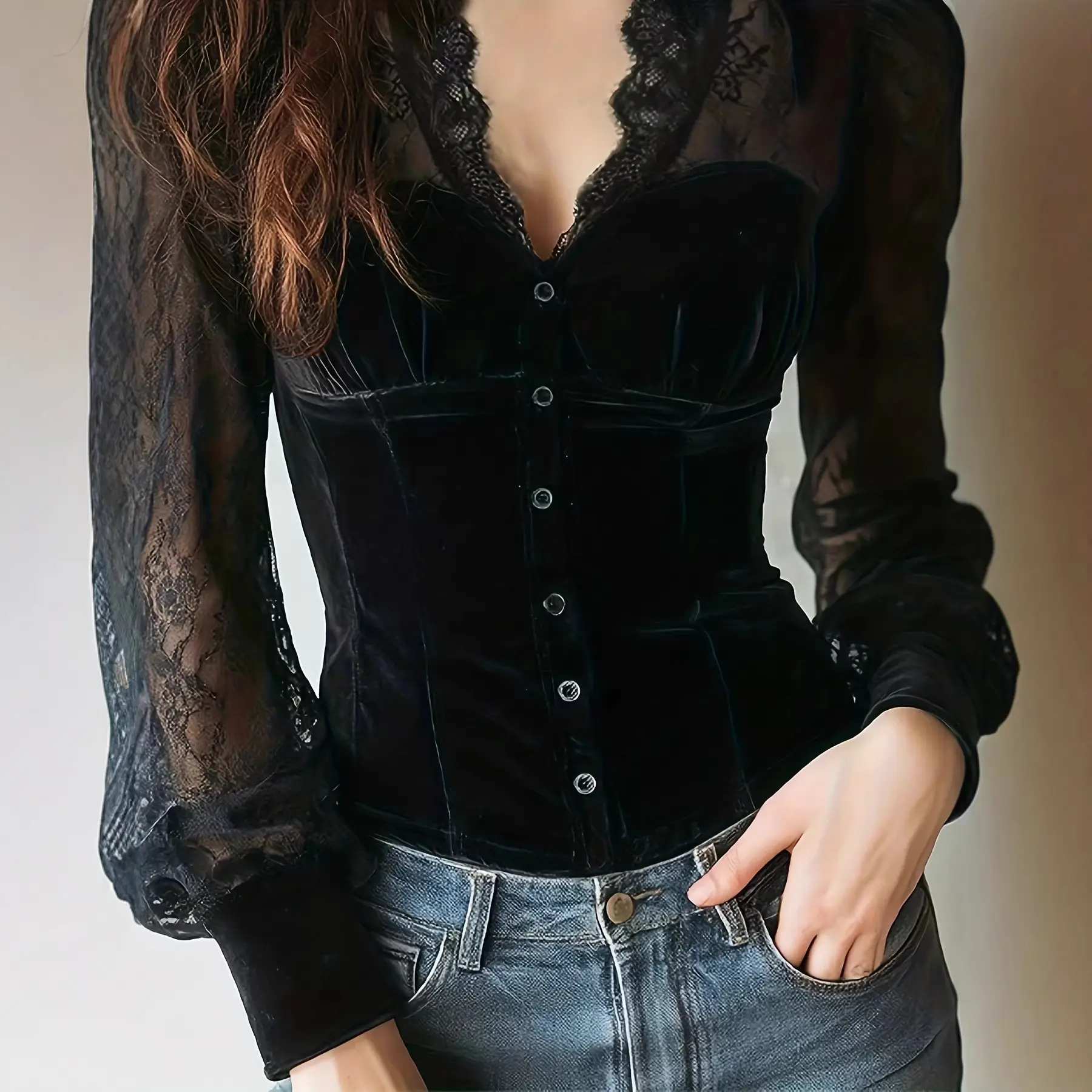 Velvet shirt is a light luxury, age-reducing, unique and beautiful-style luxurious top for women in autumn and winter. Slim Fit T-Shirt with Lace Trim