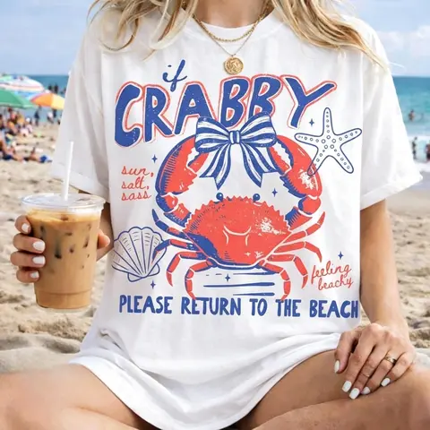 Women's Short-Sleeve Crew Neck Quirky Cotton Coastal Crab Graphic Tee - Casual Tshirt Tops, Machine Washable Sports & Outdoor Top for Spring Break Summer Vacation