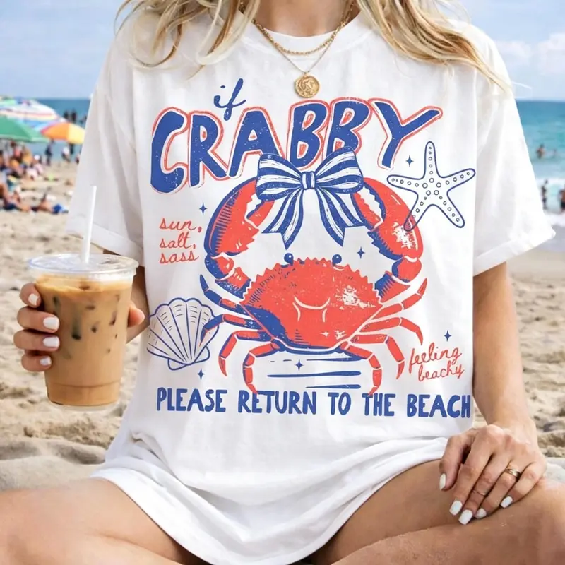 Women's Short-Sleeve Crew Neck Quirky Cotton Coastal Crab Graphic Tee - Casual Tshirt Tops, Machine Washable Sports & Outdoor Top for Spring Break Summer Vacation