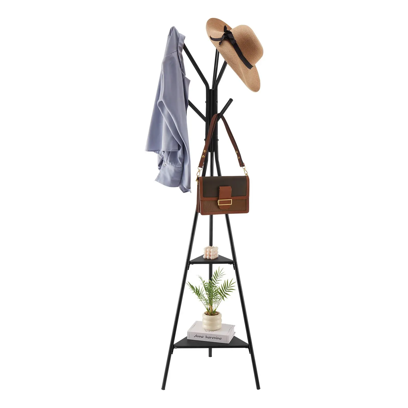 【Summerfinds】VEVOR Coat Rack, Freestanding Coats Rack Stand with 2 Shelves & 6 Hooks, Free Standing Hall Coat Tree for Entryway, Bedroom, Living Room, Modern Clothes Hanger Stand for Coats, Hats, Scarves, Handbag