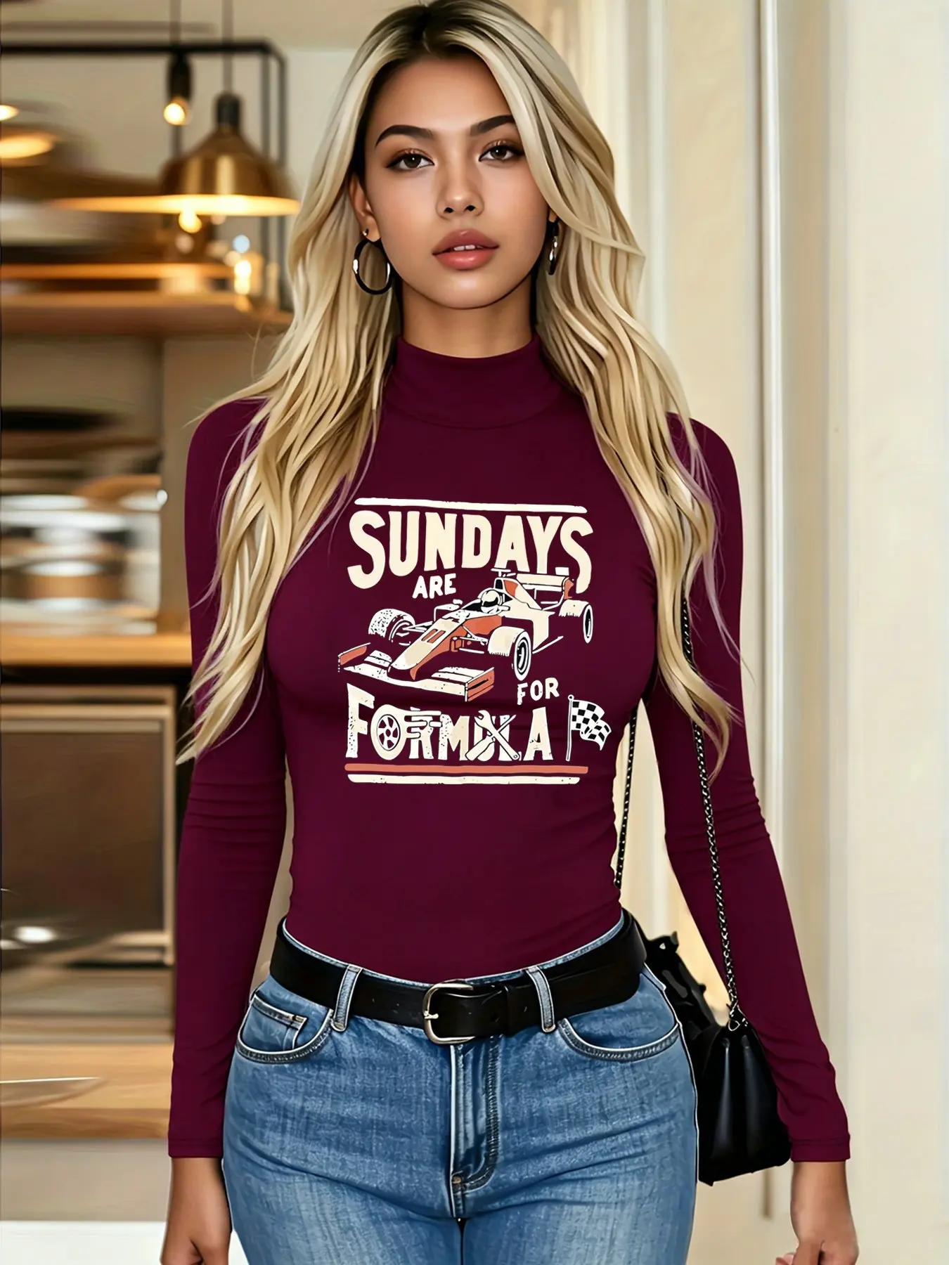 Fleece Lined Autumn Winter Solid Color Mock Neck Long Sleeve Base T-Shirt, soft and casual, great for daily wear & layering, printed with SUNDAS formula car, weekend casual track theme